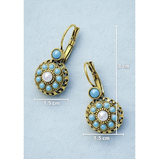 Miedziane kolczyki z turkusem syntetycznym – styl vintage